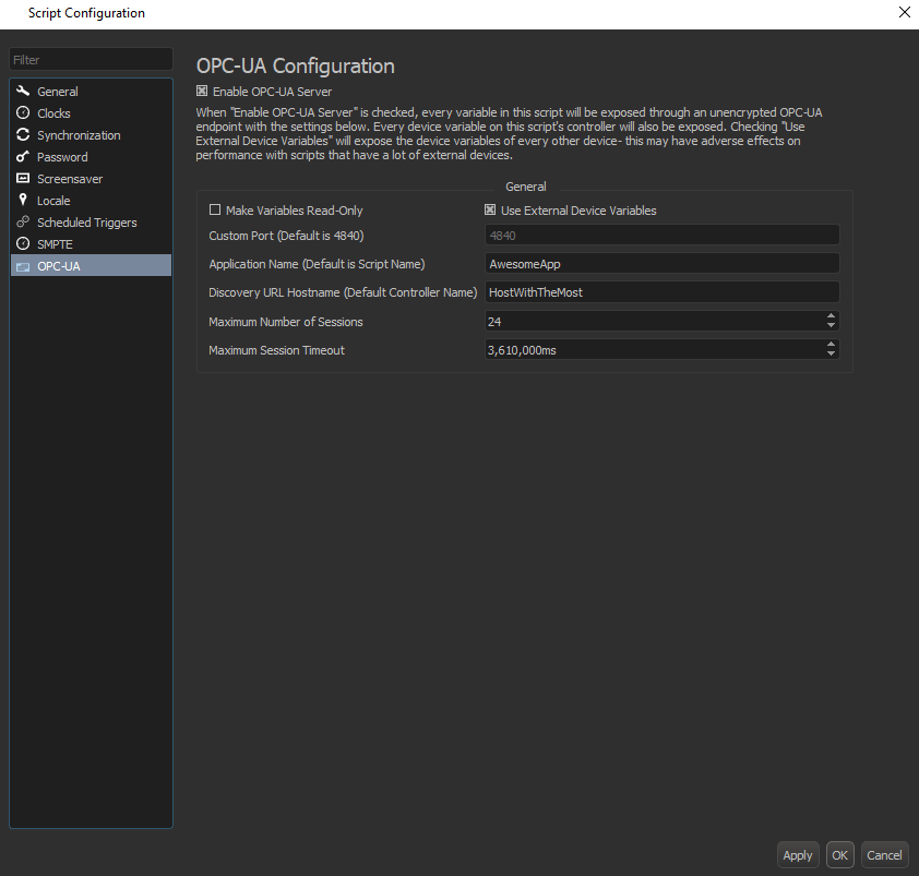 OPC UA Config Window